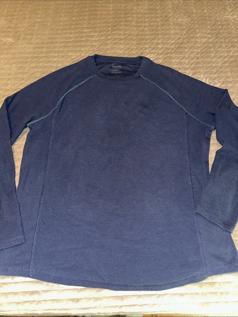 Cremieux blue Crewneck Long Sleeve Top with stitching around shoulder area